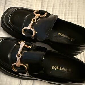 Jeffrey Campbell Black Loafers with Gold Hardware